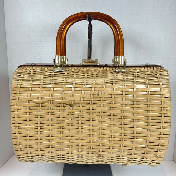 Vintage Atlas Sea Shell Tan Straw Woven Wicker PURSE Pearls Women HANDBAG BAG - Picture 3 of 13